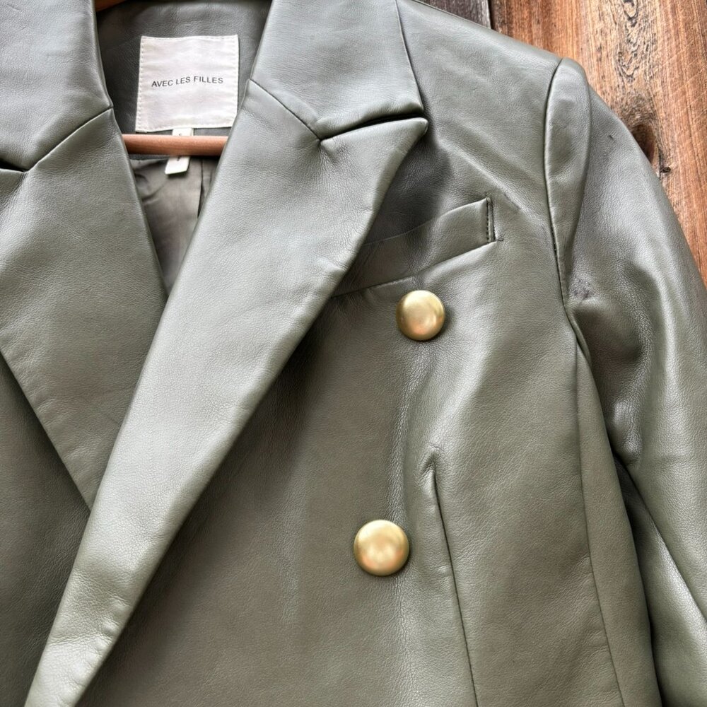 NWOT Olive Green Gold Button Double-breasted Faux Leather Blazer S - Picture 4 of 7